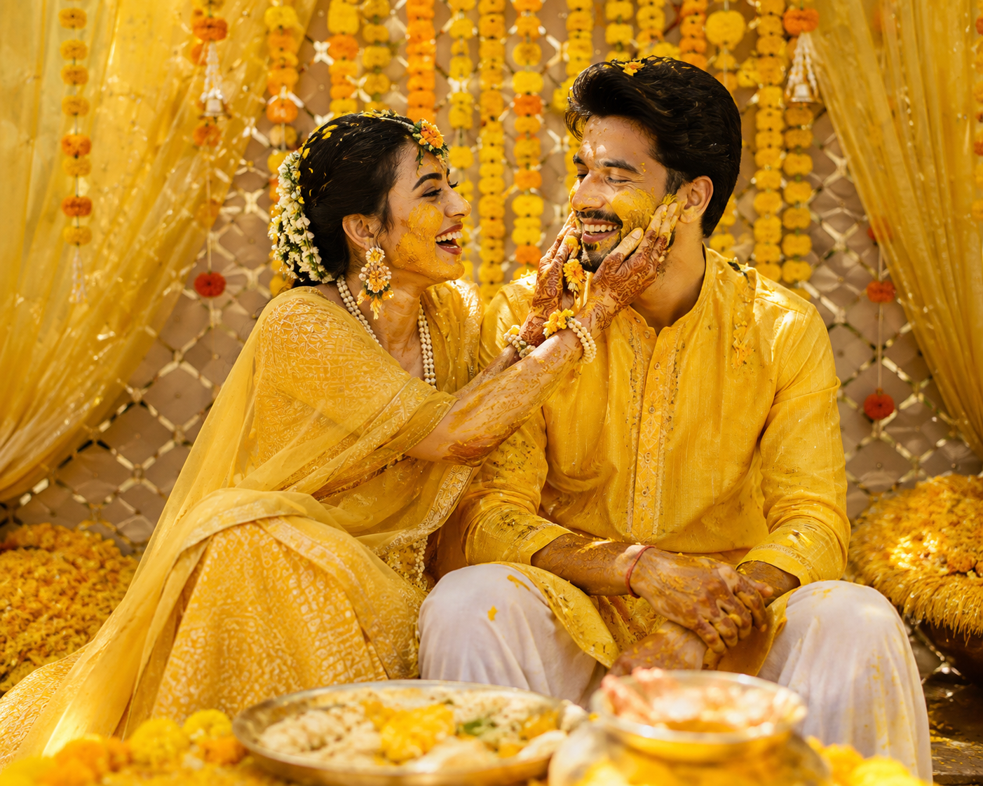 Marigold haldi ceremony setup
